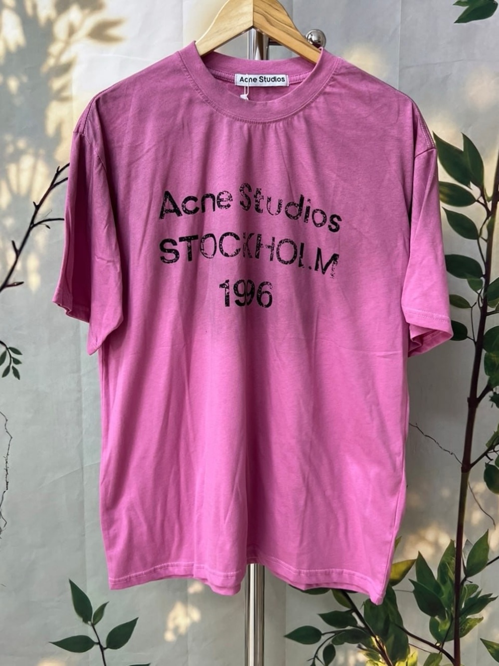 Acne Pink Logo Tee with Distressed Black Print